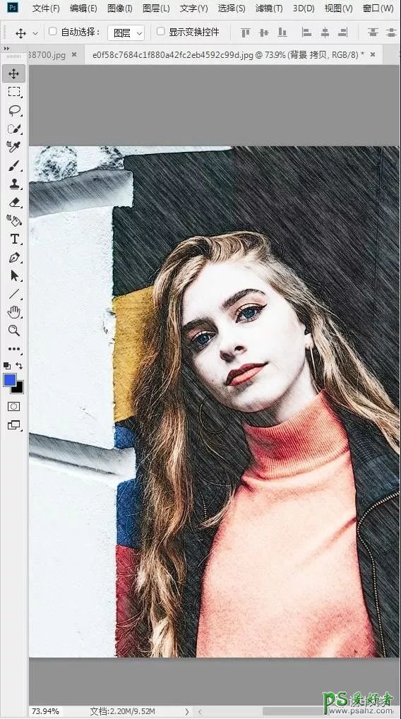 Photoshop给美女人物数码照片制作成彩色铅笔画效果。