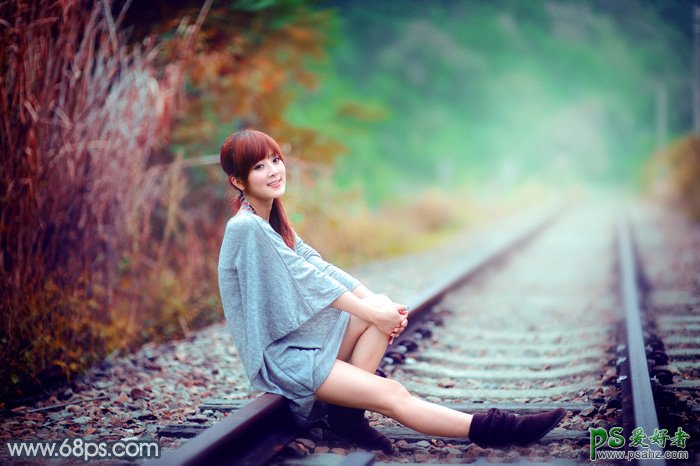 PS漂亮女生照片调色：给外景铁路上的可爱女生照片调出甜美的青红
