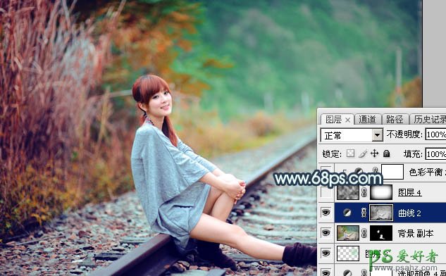 PS漂亮女生照片调色：给外景铁路上的可爱女生照片调出甜美的青红