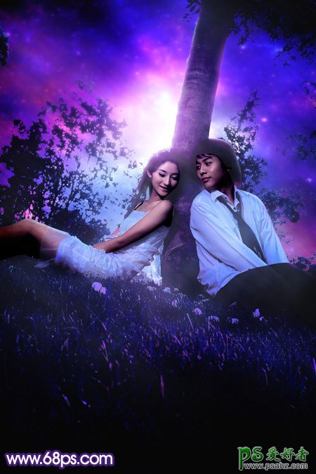 Photoshop给公园里自拍的唯美情侣照片制作出浪漫的星空背景效果