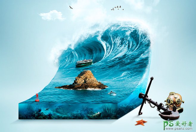 有意思的立方体海洋场景合成海报图片，创意海洋立方体合成设计。