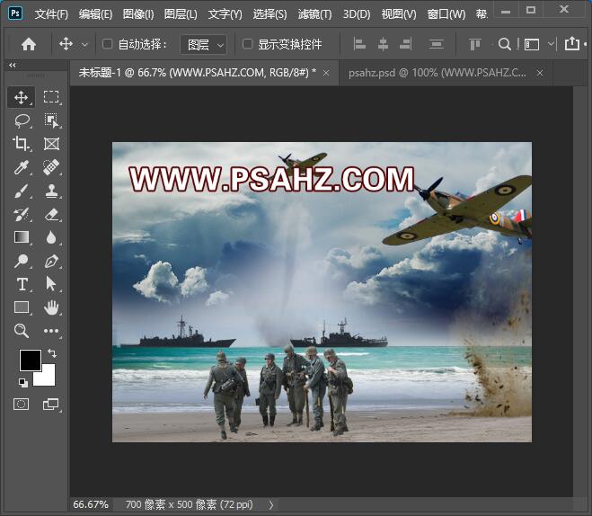 PS电影海报制作：创意合成海湾战争电影海报图片，海边战争场景。