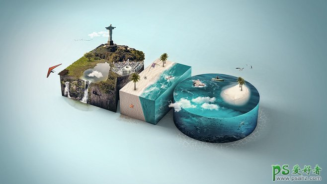 有意思的立方体海洋场景合成海报图片，创意海洋立方体合成设计。