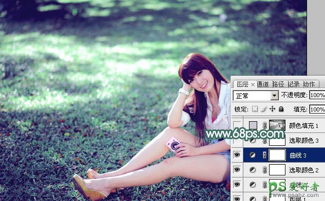 photoshop给草地上自拍的mm高清图片 艺术照片调出唯美的青色效果