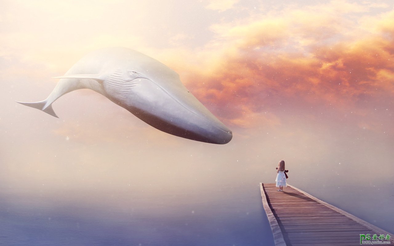 Photoshop创意合成一个小女孩儿在天空的阶梯上遇见飞翔的鲸鱼场