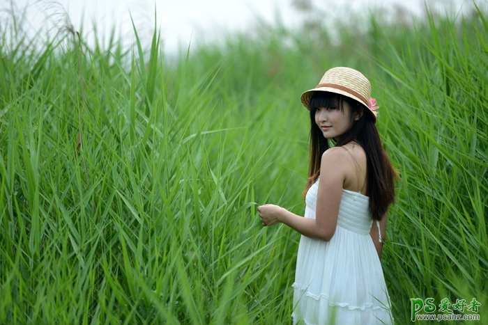 PS调色教程：给芦苇地里青春少女摄影写真照调出青黄色效果