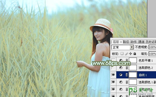 PS调色教程：给芦苇地里青春少女摄影写真照调出青黄色效果