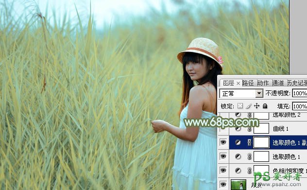 PS调色教程：给芦苇地里青春少女摄影写真照调出青黄色效果