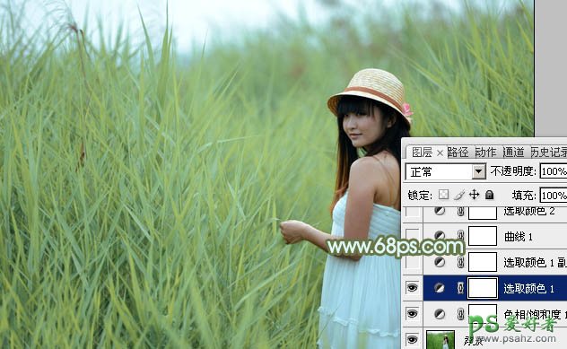PS调色教程：给芦苇地里青春少女摄影写真照调出青黄色效果