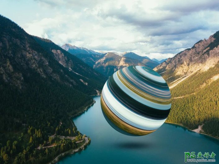 PS特效场景图片制作教程：制作悬浮在山谷中的立体球,飘浮球体。