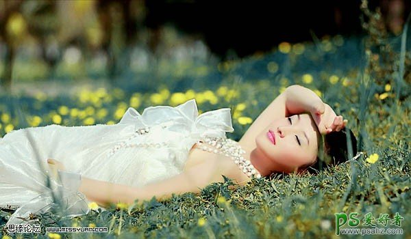 PS给趟在草地上的迷情少女婚纱写真照调出暗调特效