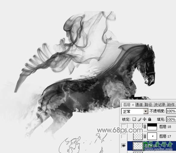 Photoshop创意合成唯美意境效果的水墨画黑马，奔跑的烟雾黑马图