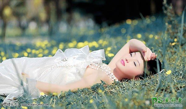 PS给趟在草地上的迷情少女婚纱写真照调出暗调特效
