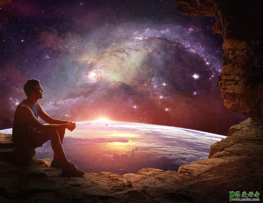 PS合成教程：创意打造坐在岩石上欣赏宇宙星空的男子。