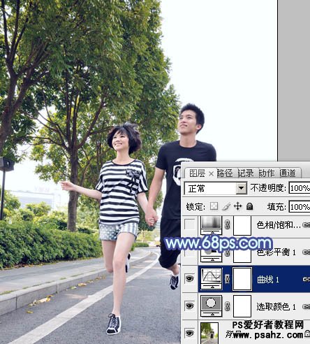 PS韩系风格调色教程：给街景上漫步的情侣图片调出韩系蓝色调