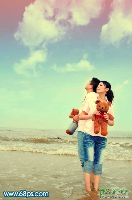 photoshop给海边情侣照调出柔美的淡红色