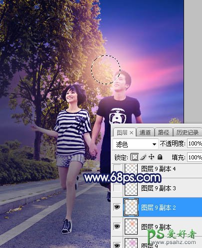 PS调色教程：给街头慢跑的情侣照片调出唯美风格紫色霞光效果