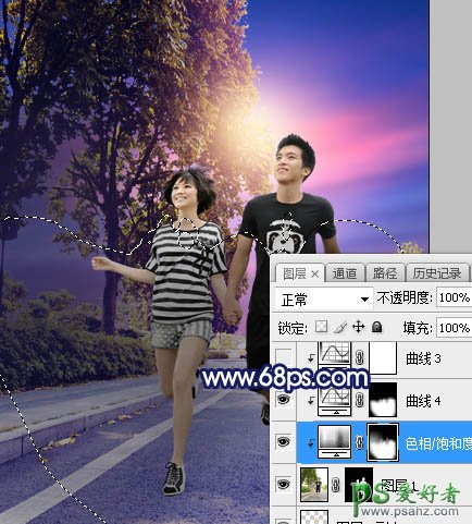 PS调色教程：给街头慢跑的情侣照片调出唯美风格紫色霞光效果