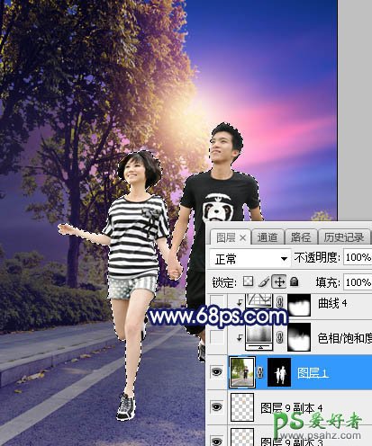 PS调色教程：给街头慢跑的情侣照片调出唯美风格紫色霞光效果