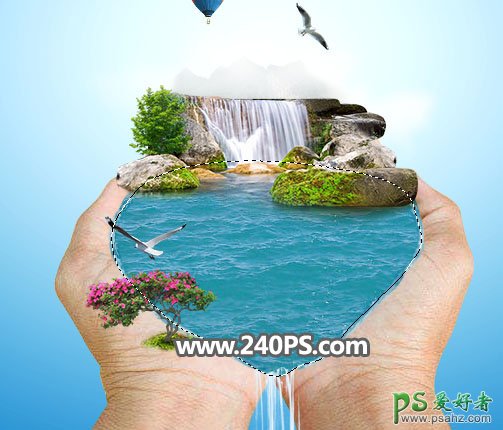 PS创意合成一个双手捧起的大自然场景，壮丽的瀑布和大湖。