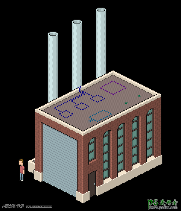 PS图标制作教程：设计漂亮的等距像素工厂图标素材，工业图标素材