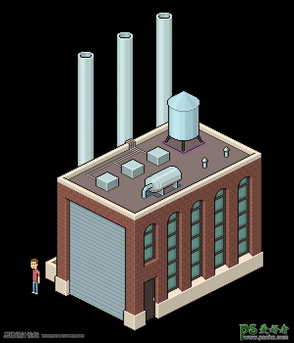 PS图标制作教程：设计漂亮的等距像素工厂图标素材，工业图标素材
