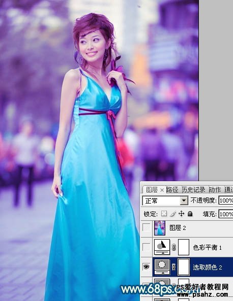 PS美女照片调色教程：给可爱的街景美女照调出时尚的青蓝色