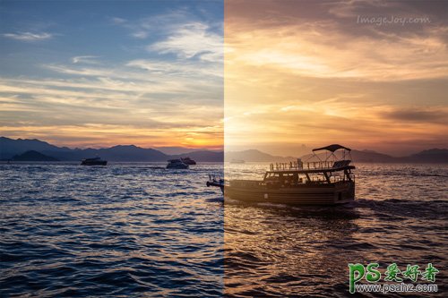 Photoshop给夕阳下的海边风景照片制作出漂亮的黄昏日落金色效果