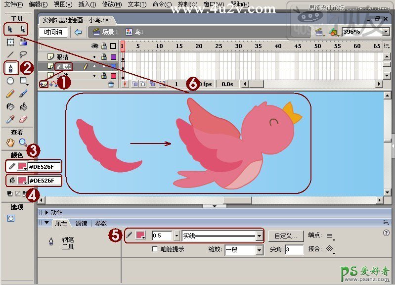 Flash动画教程：学习制作一例可爱卡通风格飞舞的小鸟GIF动画图片
