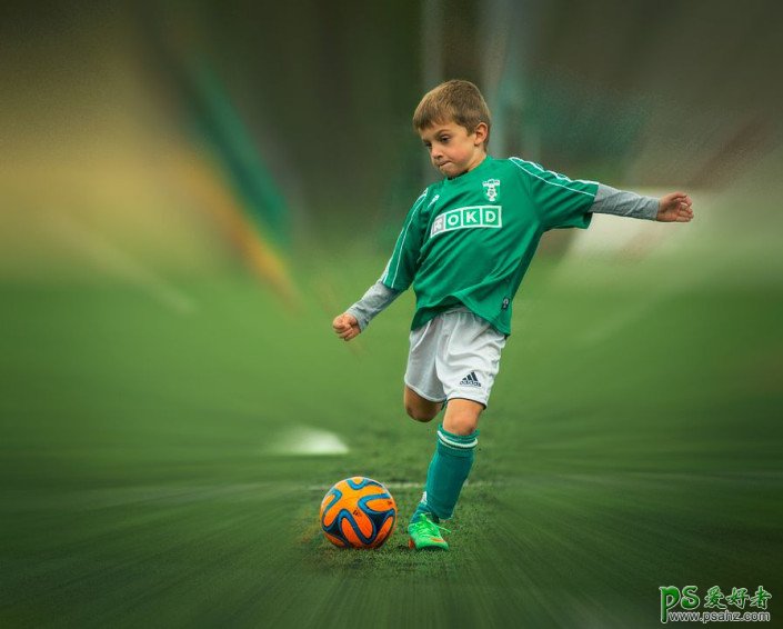 PS图片特效教程：制作小男孩球员射门的动感效果图片。