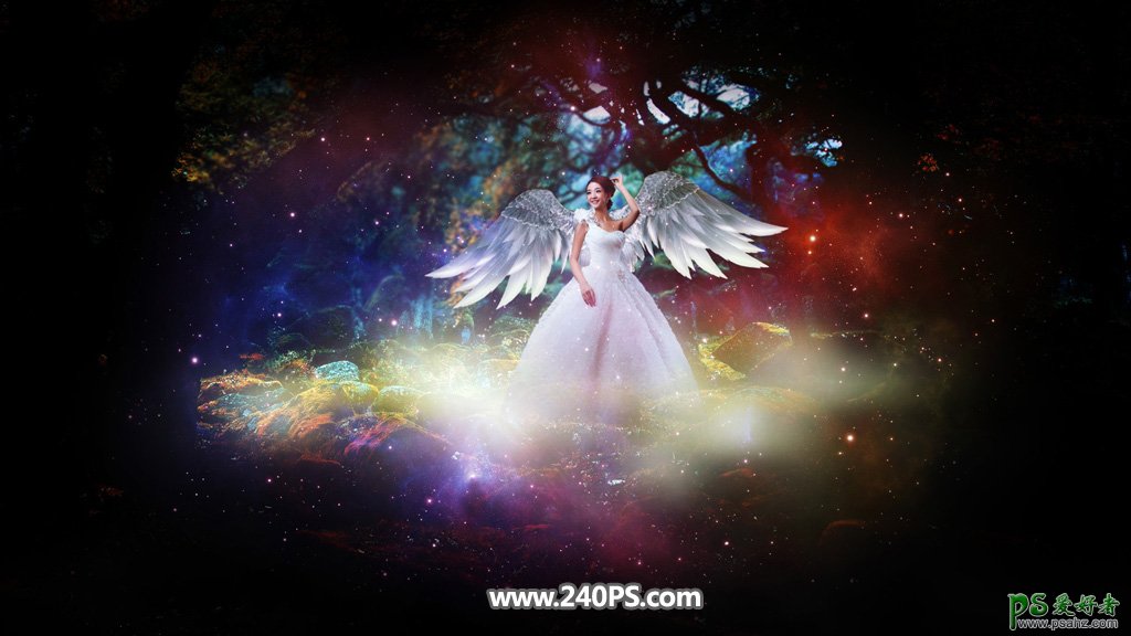 Photoshop创意合成白衣天使少女在密林深处拍摄唯美写真的场景。