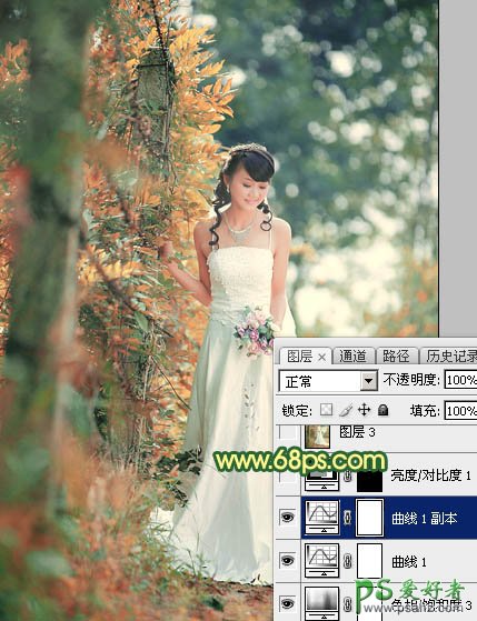PS婚纱照调色实例：给树林中的美女婚纱照调出甜美的橙黄色风格