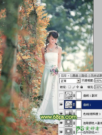 PS婚纱照调色实例：给树林中的美女婚纱照调出甜美的橙黄色风格