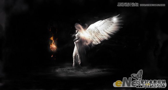 PS合成教程：合成一幅黑暗中火焰天使美女特效图片