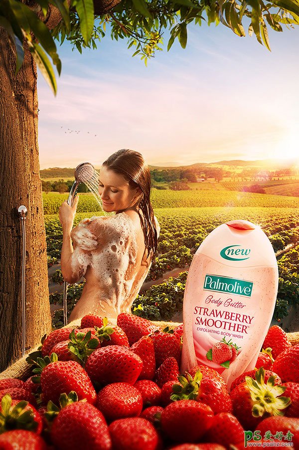 温暖阳光下沐浴的少女拍摄创意的沐浴露平面广告作品
