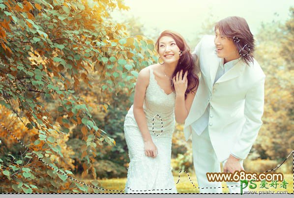 PS婚片调色教程：给外景漂亮的婚纱艺术照调出黄色阳光效果