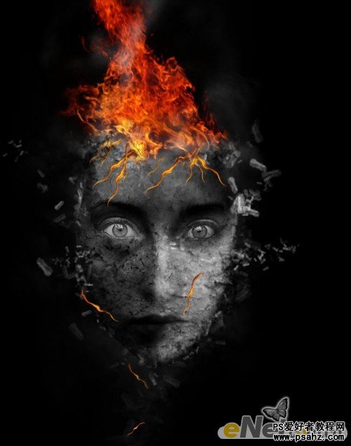 photoshop创意合成人物脸部破碎的面具燃烧的场景