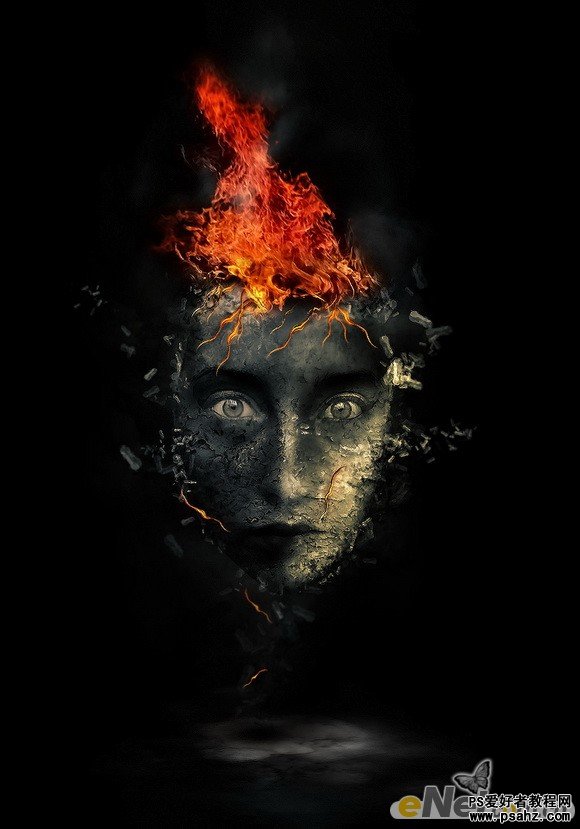 photoshop创意合成人物脸部破碎的面具燃烧的场景