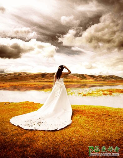 photoshop调出暖金色外景漂亮美女婚纱写真照