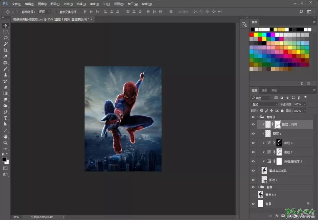 利用photoshop溶图技术制作一幅蜘蛛侠破窗而入效果的海报图片。