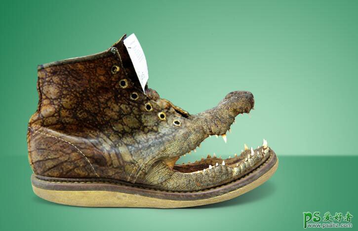 Photoshop创意合成一只长着鳄鱼嘴巴的皮鞋，鳄鱼嘴鞋子特效图片