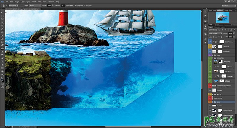 利用ps合成技术设计立方体海洋场景,大海中的灯塔和帆船立方体。