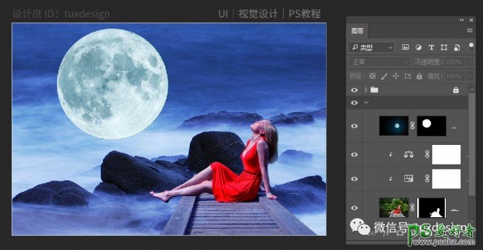 photoshop创意合成性感的红裙少女在海边举头望明月的诗意场景。