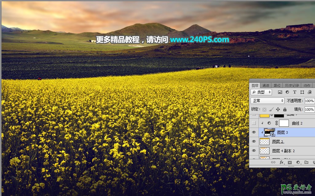 Photoshop给金色的油菜花风景图片调出唯美的霞光色彩