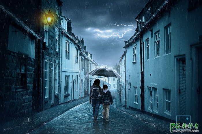 PS场景合成教程：给普通的街景照片合成出电闪雷鸣阴冷的雨夜场景