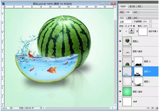 PS奇幻合成教程：创意打造一个逼真的西瓜鱼缸，视觉感更加清凉。