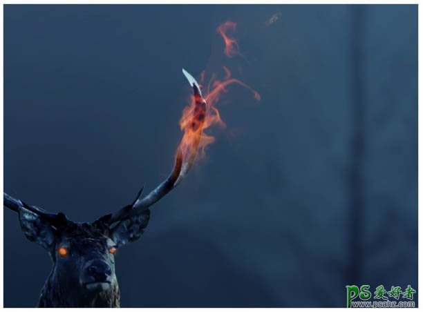 Photoshop合成暗夜森林中霸气的火焰鹿王特效图片