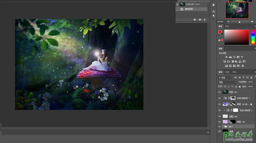 Photoshop创意合密林仙境中的天使少女，坐在蘑菇上的魔法精灵少