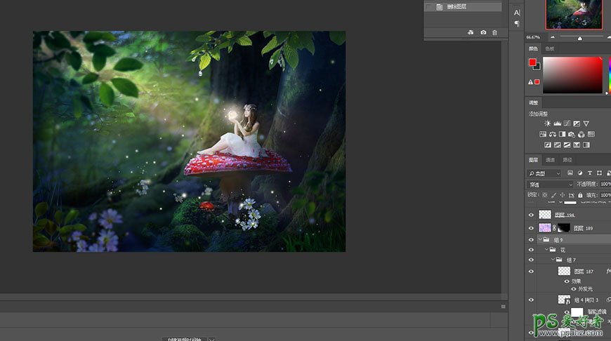 Photoshop创意合密林仙境中的天使少女，坐在蘑菇上的魔法精灵少