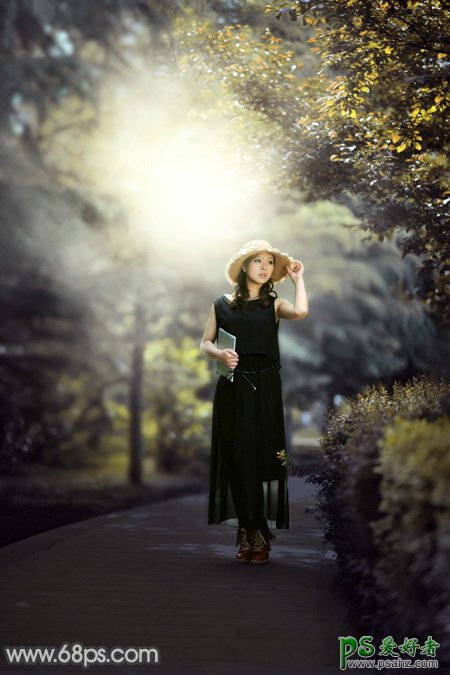 PS美女图片调色教程：给公园中的黑丝长裙丰韵美女调出梦幻的黄褐